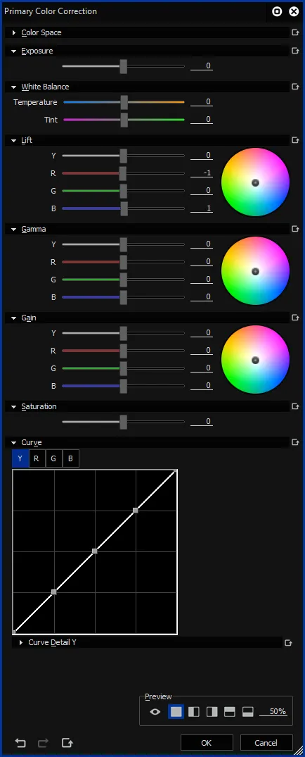 Edius Primary Color Correction panel with lift, gamma, gain, saturation and curve controls